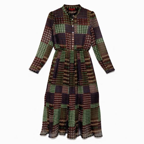 ModCloth Patchwork Print Sheer Pleats Maxi Dress Long Sleeve S 70s Inspired Boho ModCloth Patchwork Print Sheer Pleats Maxi Dress Long Sleeve S 70s Inspired Boho